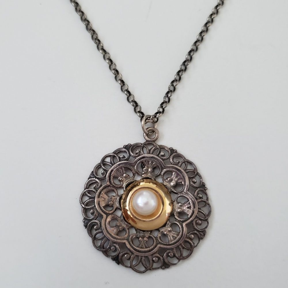 Shablool Sterling Silver 14K Yellow Gold FW Pearl Pendant Necklace